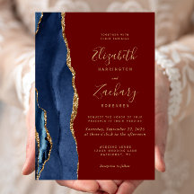 Invitación de boda azul marino oro ágata burgundy
