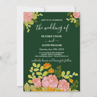 Invitación de boda azul marino oscuro floral botán