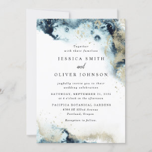 Invitación de boda azul marino y dorado