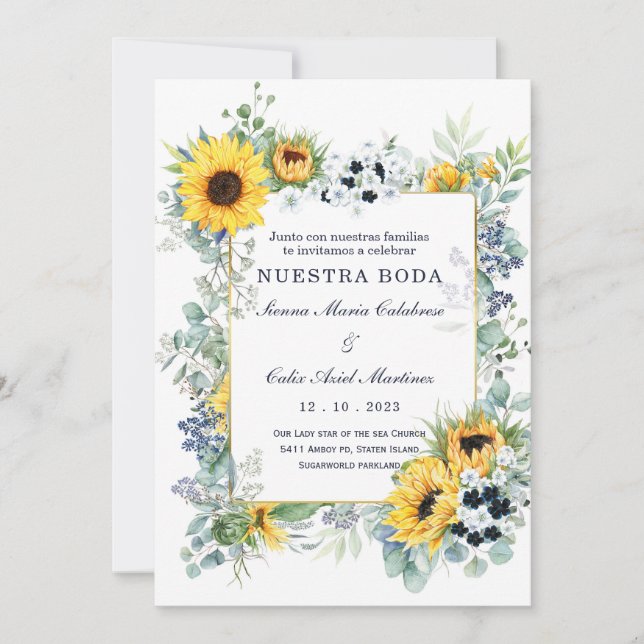 Invitación De Boda Azul Marino y Girasol (Anverso)