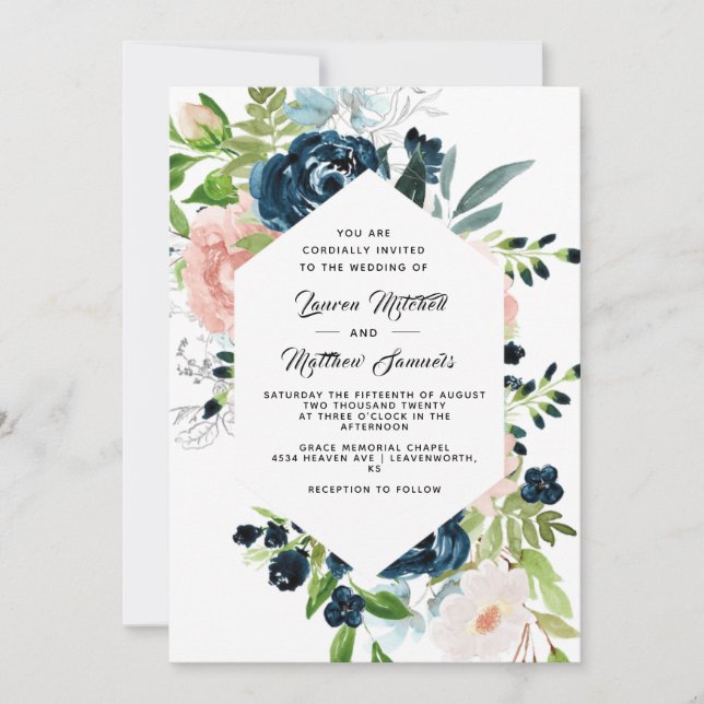 Invitación de boda azul marino y rubor (Anverso)