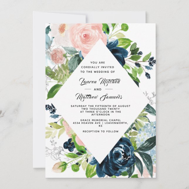 Invitación de boda azul marino y rubor (Anverso)