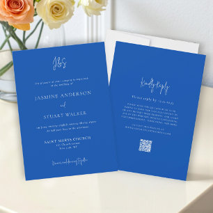 Invitación de boda azul minimalista con enlace QR