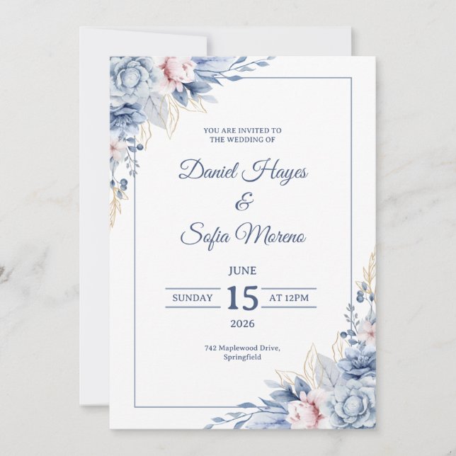 Invitación de boda azul moderna personalizada (Anverso)