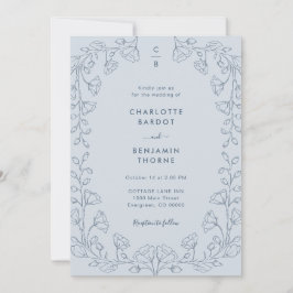 Invitación de boda azul monogramada