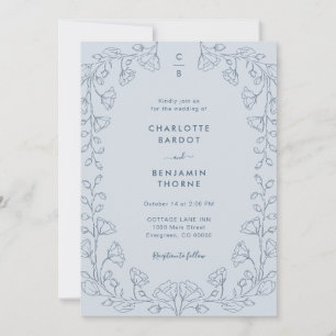 Invitación de boda azul monogramada