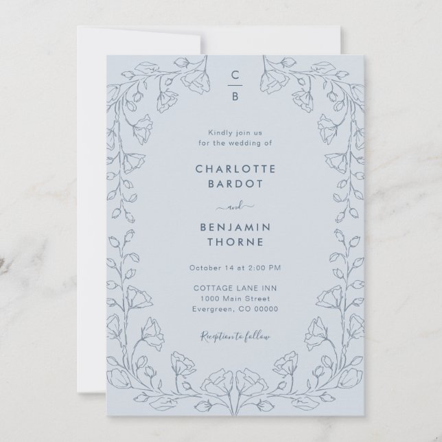 Invitación de boda azul monogramada (Anverso)