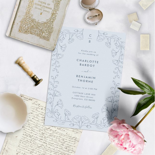 Invitación de boda azul monogramada (Subido por el creador)