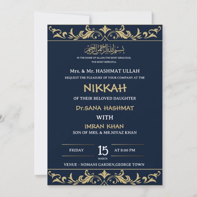 INVITACIÓN DE BODA AZUL MUSULMANA (Anverso)