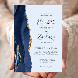 Invitación de boda azul pálido ágata dorada marina