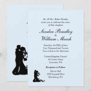 Invitación de boda azul para novia y novio