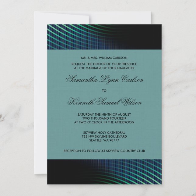 Invitación de boda azul pavo real (Anverso)