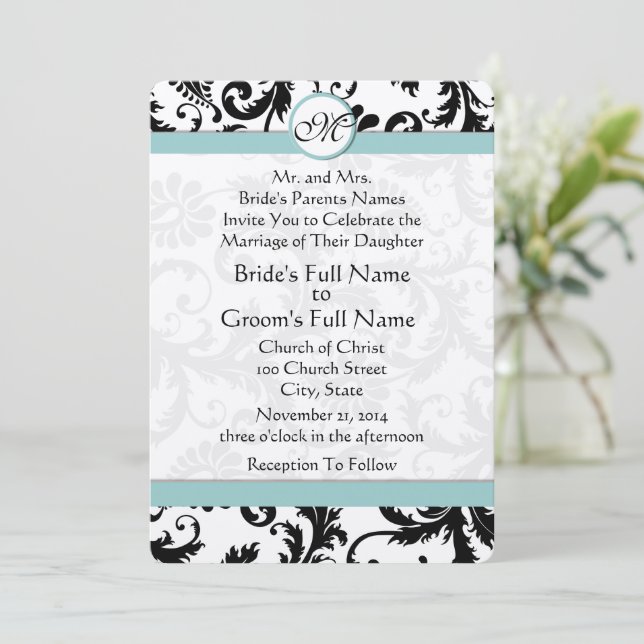 Invitación de boda azul piscina Aqua Damask Negro (Anverso de pie)