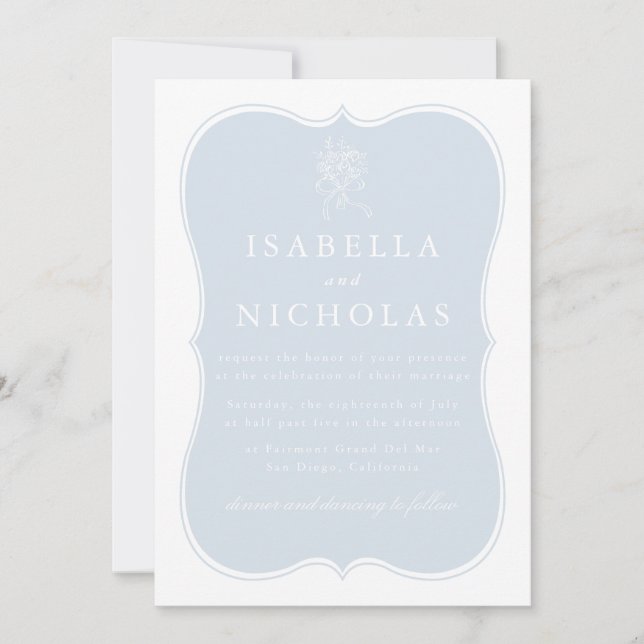 Invitación de boda azul polvo (Anverso)