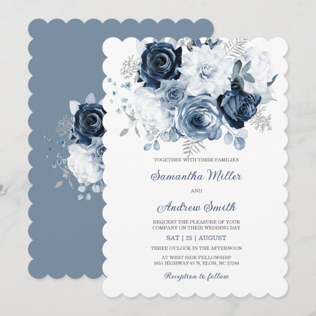 Invitación de Boda Azul Polvo y Plata (Anverso / Reverso)