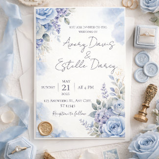 Invitación de boda azul polvoriento | Acuarela ele