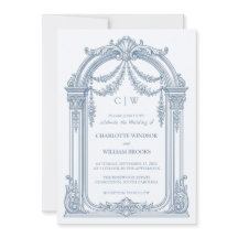 Invitación de boda azul polvoriento con arco barro