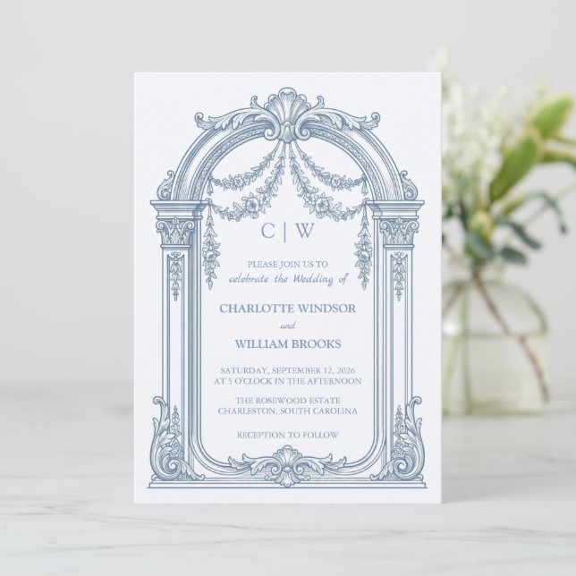 Invitación de boda azul polvoriento con arco barro (Anverso de pie)