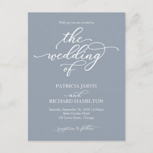 Invitación de boda azul polvoriento con caligrafía