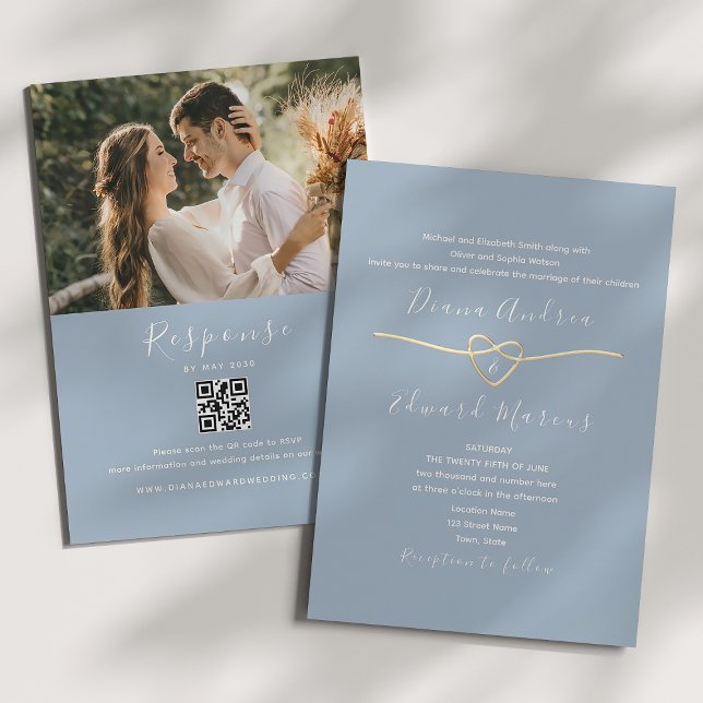 Invitación de boda azul polvoriento con código QR (Subido por el creador)