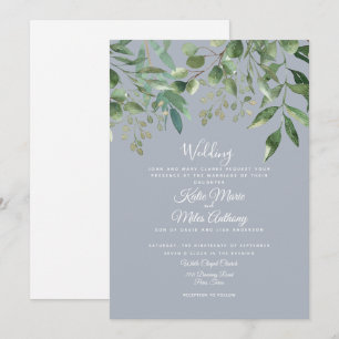 Invitación de boda azul polvoriento con follaje de