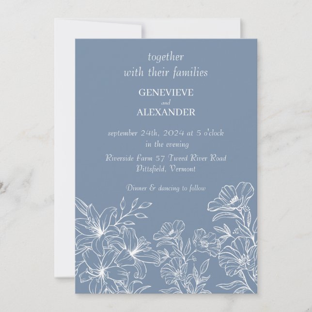 Invitación de boda azul polvoriento con lirios (Anverso)