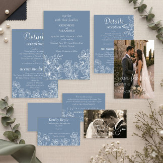 Invitación de boda azul polvoriento con lirios