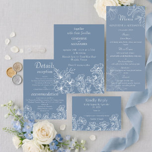 Invitación de boda azul polvoriento con lirios