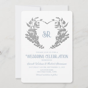 Invitación de boda azul polvoriento con monograma 