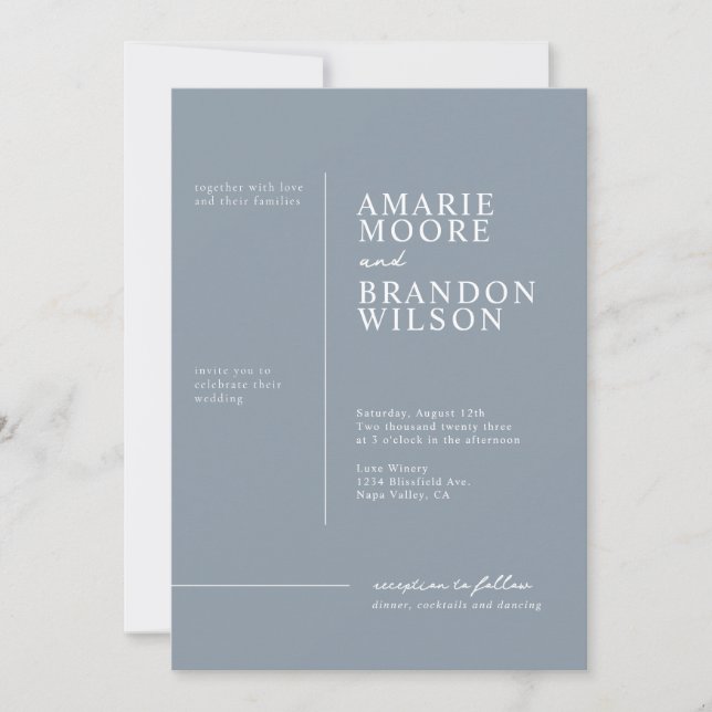 Invitación de boda azul polvoriento con tipografía (Anverso)