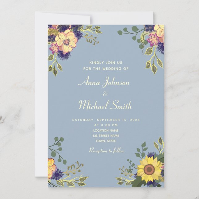 Invitación de boda azul polvoriento rústico floral (Anverso)