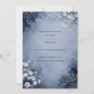 Invitación de boda azul polvoriento y florecimient