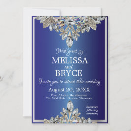 Invitación de boda azul real con diamantes