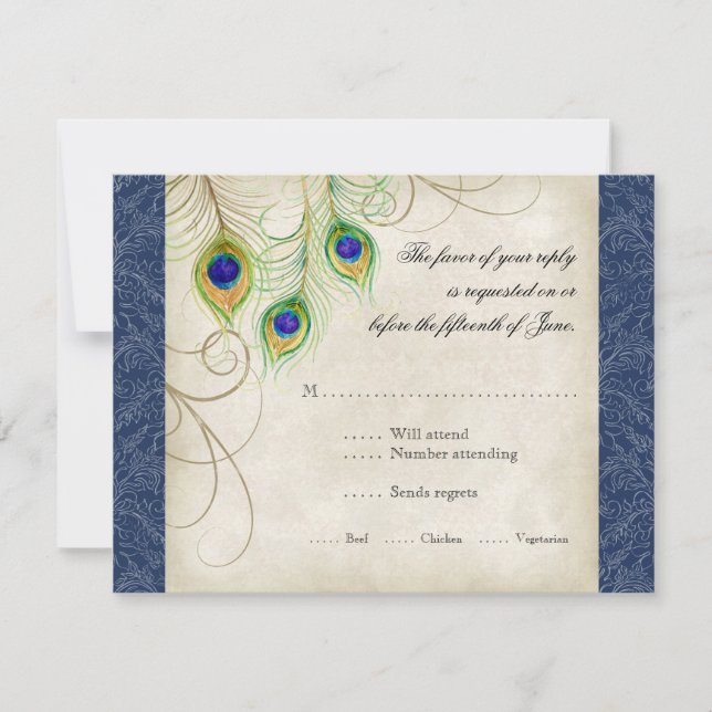 Invitación de Boda Azul Real con Plumas de Pavo Re (Anverso)