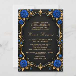 Invitación de boda azul real rosa negro dorado