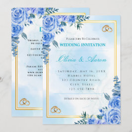 Invitación de boda azul real y dorado