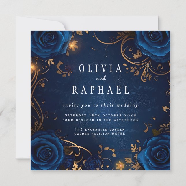 Invitación de Boda Azul Real y Dorado (Anverso)