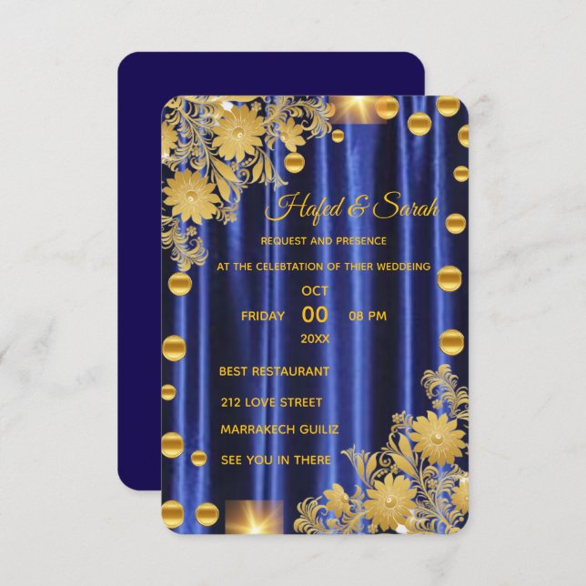 Invitación de Boda Azul Real y Dorado, Boda En (Anverso / Reverso)