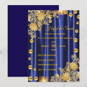 Invitación de Boda Azul Real y Dorado, Boda En