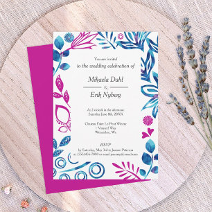 Invitación de boda azul real y rosa magenta