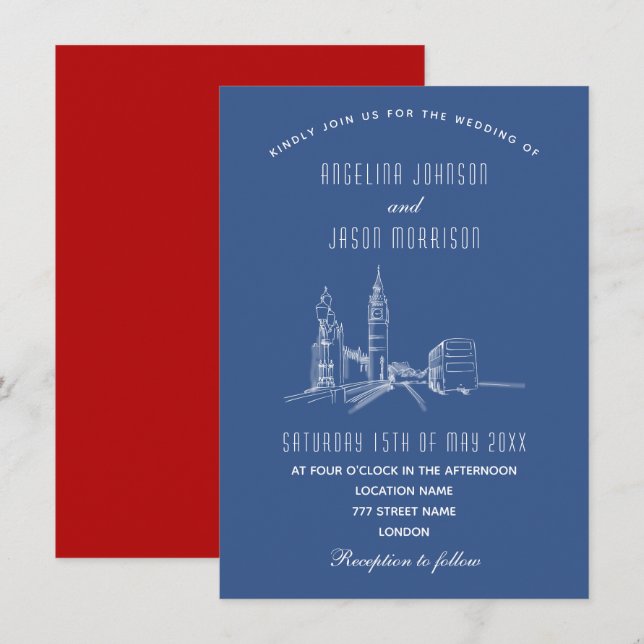 Invitación de boda azul rojo horizonte de Londres (Anverso / Reverso)