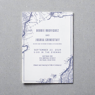 Invitación de boda azul sobre blanco con mapa vint