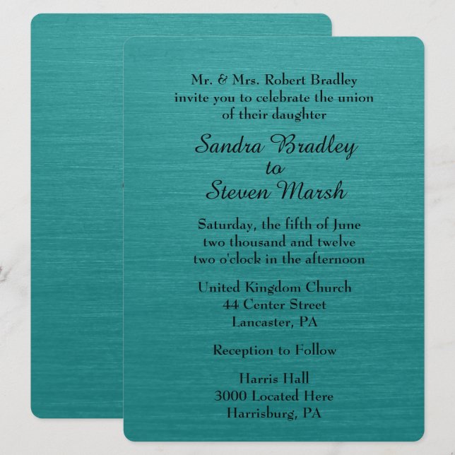 Invitación de boda azul turquesa (Anverso / Reverso)