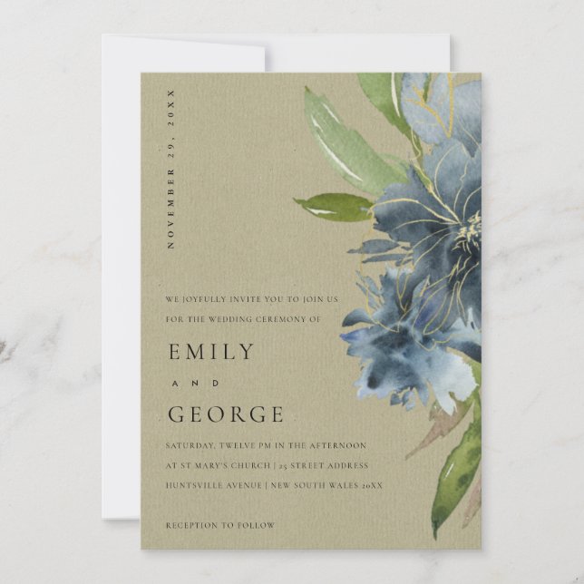 INVITACIÓN DE BODA AZUL VERDE DE ORO DE KRAFT (Anverso)