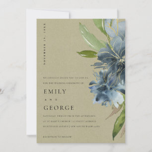 INVITACIÓN DE BODA AZUL VERDE DE ORO DE KRAFT