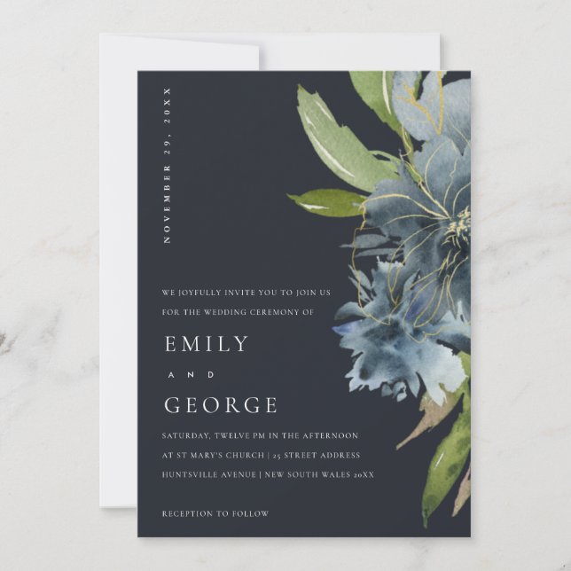 INVITACIÓN DE BODA AZUL VERDE ORO FLORAL NAVY (Anverso)