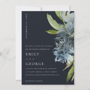 INVITACIÓN DE BODA AZUL VERDE ORO FLORAL NAVY