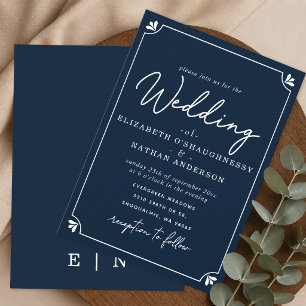 Invitación de boda azul y blanca con letra elegant