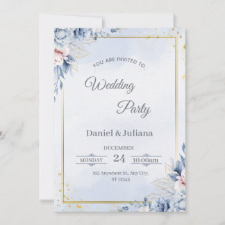 Invitación de boda azul y dorado elegante