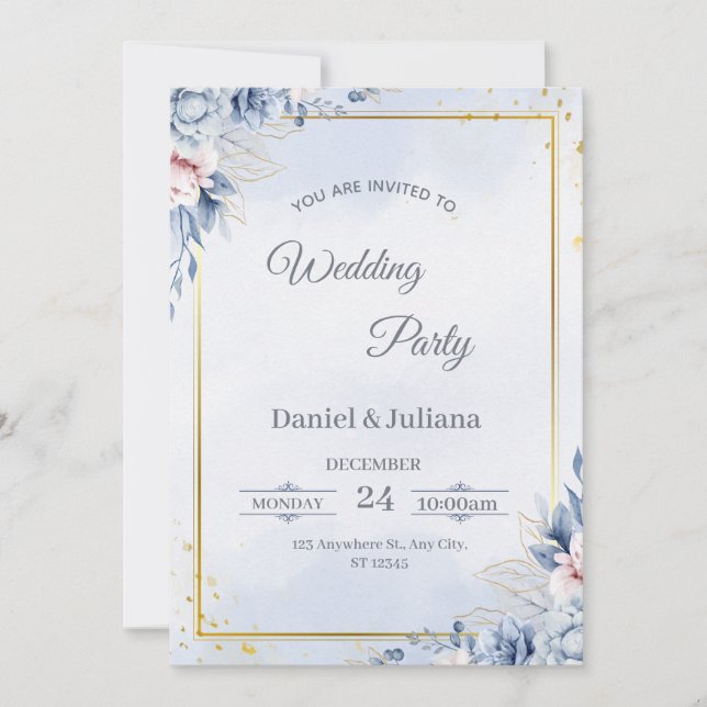 Invitación de boda azul y dorado elegante (Anverso)